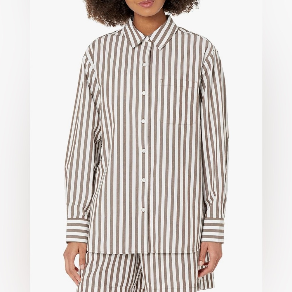 The Drop Women's Kendra Loose Fit Long Shirt | Coffee Bean Stripe